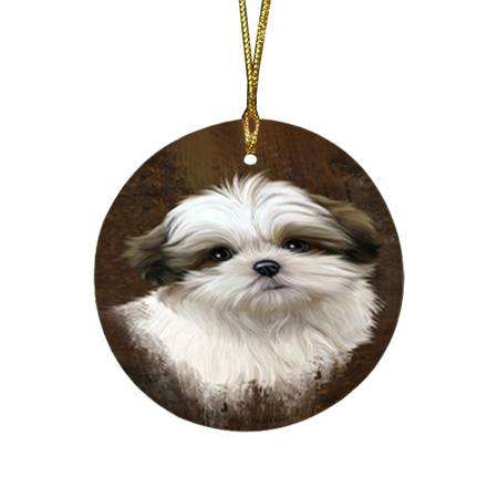 Rustic Malti Tzu Dog Round Flat Christmas Ornament RFPOR54447