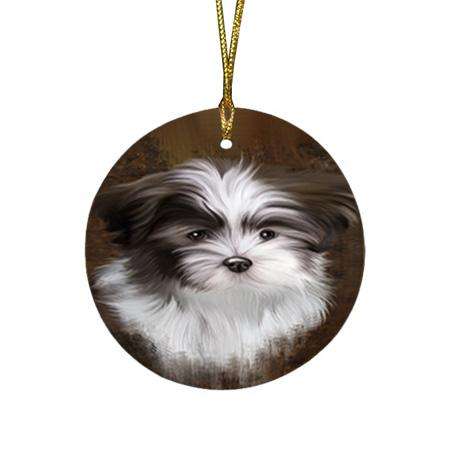 Rustic Malti Tzu Dog Round Flat Christmas Ornament RFPOR54448