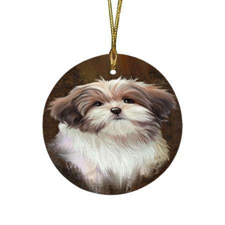 Rustic Malti Tzu Dog Round Flat Christmas Ornament RFPOR54449
