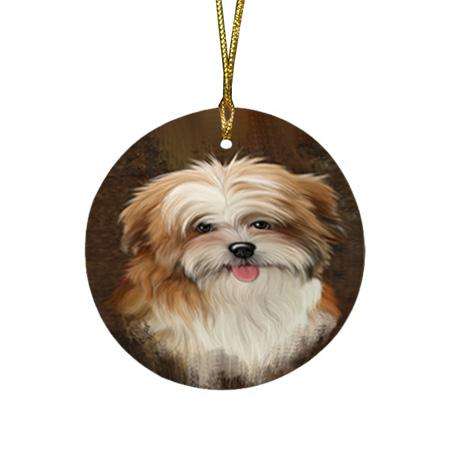 Rustic Malti Tzu Dog Round Flat Christmas Ornament RFPOR54450