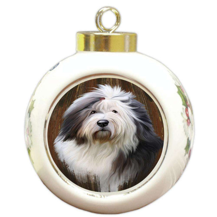 Rustic Old English Sheepdog Round Ball Christmas Ornament RBPOR50438