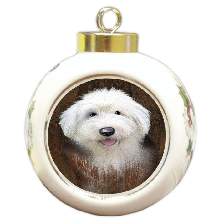 Rustic Old English Sheepdog Round Ball Christmas Ornament RBPOR50441