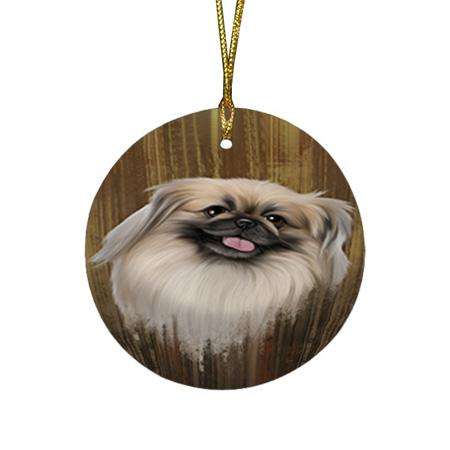 Rustic Pekingese Dog Round Flat Christmas Ornament RFPOR50434