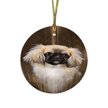 Rustic Pekingese Dog Round Flat Christmas Ornament RFPOR50435