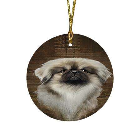 Rustic Pekingese Dog Round Flat Christmas Ornament RFPOR50436