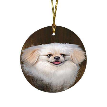 Rustic Pekingese Dog Round Flat Christmas Ornament RFPOR50437