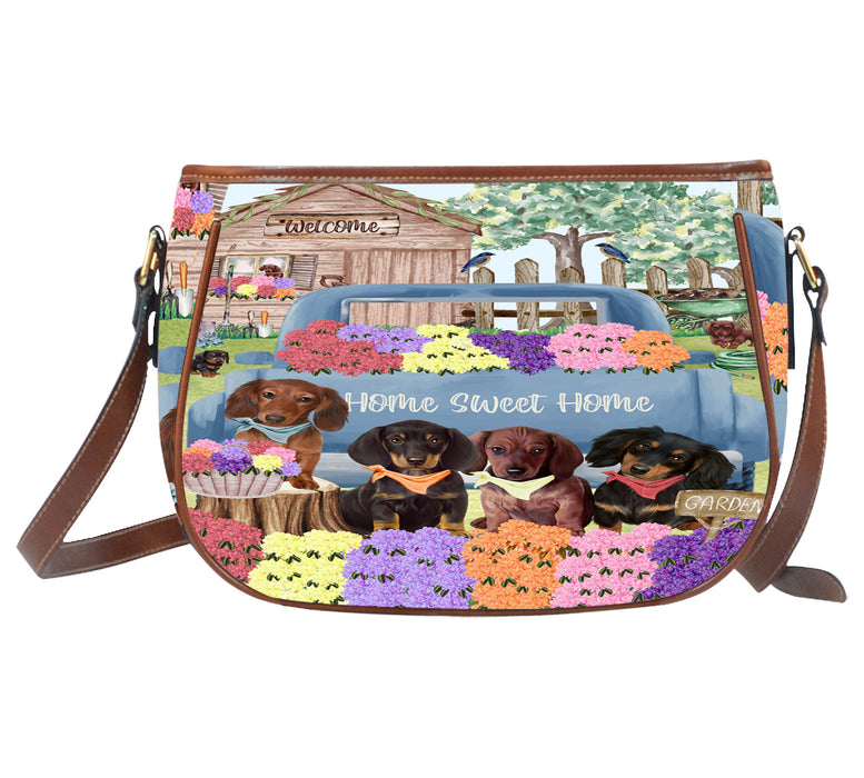 Rhododendron Home Sweet Home Garden Blue Truck Dachshund Dog on Saddle Bag