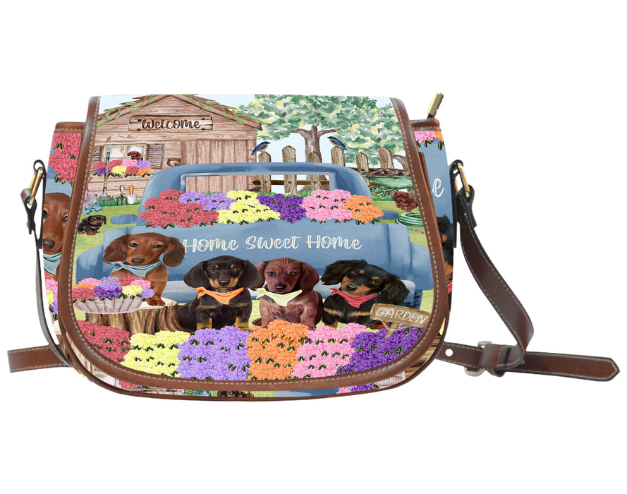 Rhododendron Home Sweet Home Garden Blue Truck Dachshund Dog on Saddle Bag