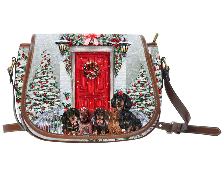 Christmas Holiday Welcome Red Door Dachshund Dog on Saddle Bag
