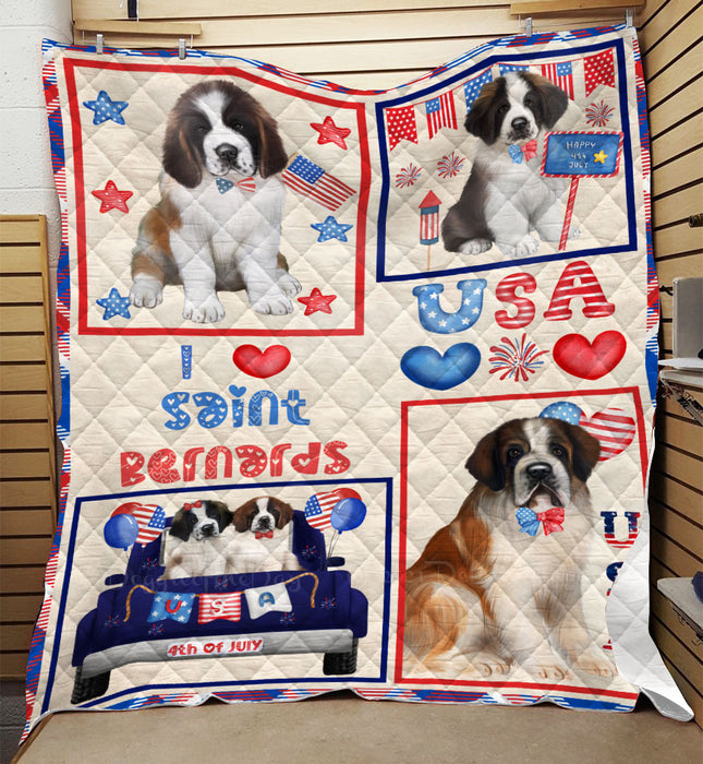 4th of July Independence Day I Love USA Saint Bernard Dogs Quilt Bed Coverlet Bedspread - Pets Comforter Unique One-side Animal Printing - Soft Lightweight Durable Washable Polyester Quilt