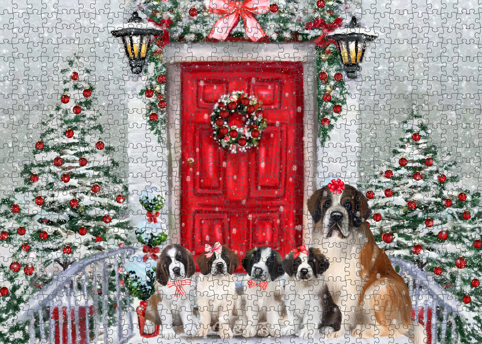 Christmas Holiday Welcome Saint Bernard Dogs Portrait Jigsaw Puzzle for Adults Animal Interlocking Puzzle Game Unique Gift for Dog Lover's with Metal Tin Box