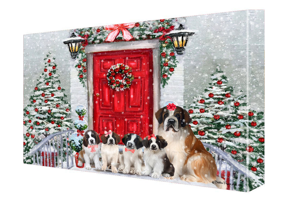Christmas Holiday Welcome Saint Bernard Dogs Canvas Wall Art - Premium Quality Ready to Hang Room Decor Wall Art Canvas - Unique Animal Printed Digital Painting for Decoration
