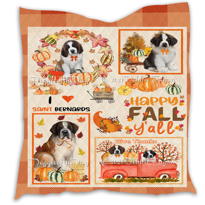 Happy Fall Y'all Pumpkin Saint Bernard Dogs Quilt Bed Coverlet Bedspread - Pets Comforter Unique One-side Animal Printing - Soft Lightweight Durable Washable Polyester Quilt