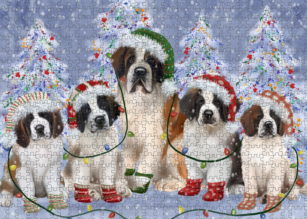Christmas Lights and Saint Bernard Dogs Portrait Jigsaw Puzzle for Adults Animal Interlocking Puzzle Game Unique Gift for Dog Lover's with Metal Tin Box