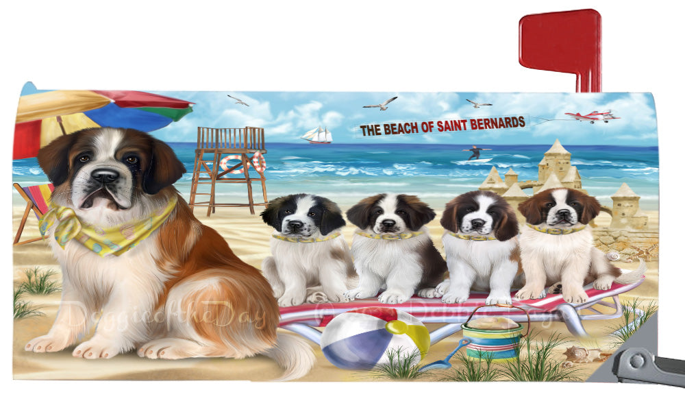 Pet Friendly Beach Saint Bernard Dogs Magnetic Mailbox Cover Both Sides Pet Theme Printed Decorative Letter Box Wrap Case Postbox Thick Magnetic Vinyl Material