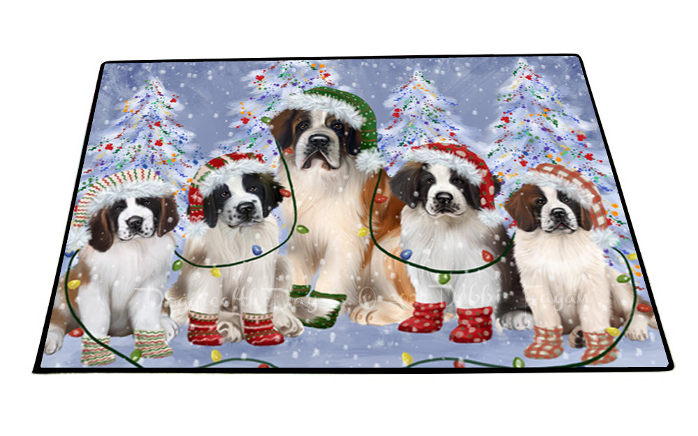 Christmas Lights and Saint Bernard Dogs Floor Mat- Anti-Slip Pet Door Mat Indoor Outdoor Front Rug Mats for Home Outside Entrance Pets Portrait Unique Rug Washable Premium Quality Mat