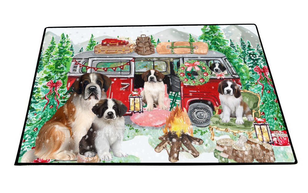 Christmas Time Camping with Saint Bernard Dogs Floor Mat- Anti-Slip Pet Door Mat Indoor Outdoor Front Rug Mats for Home Outside Entrance Pets Portrait Unique Rug Washable Premium Quality Mat