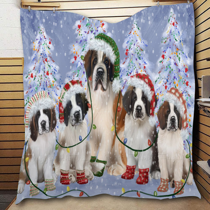 Christmas Lights and Saint Bernard Dogs  Quilt Bed Coverlet Bedspread - Pets Comforter Unique One-side Animal Printing - Soft Lightweight Durable Washable Polyester Quilt