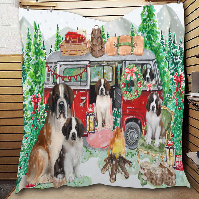 Christmas Time Camping with Saint Bernard Dogs  Quilt Bed Coverlet Bedspread - Pets Comforter Unique One-side Animal Printing - Soft Lightweight Durable Washable Polyester Quilt