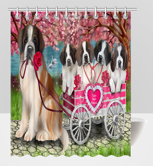 I Love Saint Bernard Dogs in a Cart Shower Curtain