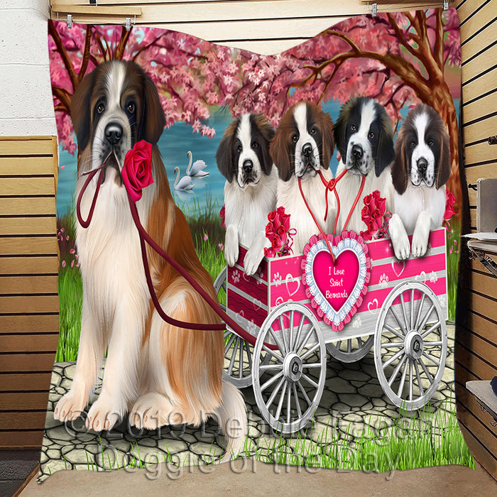 I Love Saint Bernard Dogs in a Cart Quilt