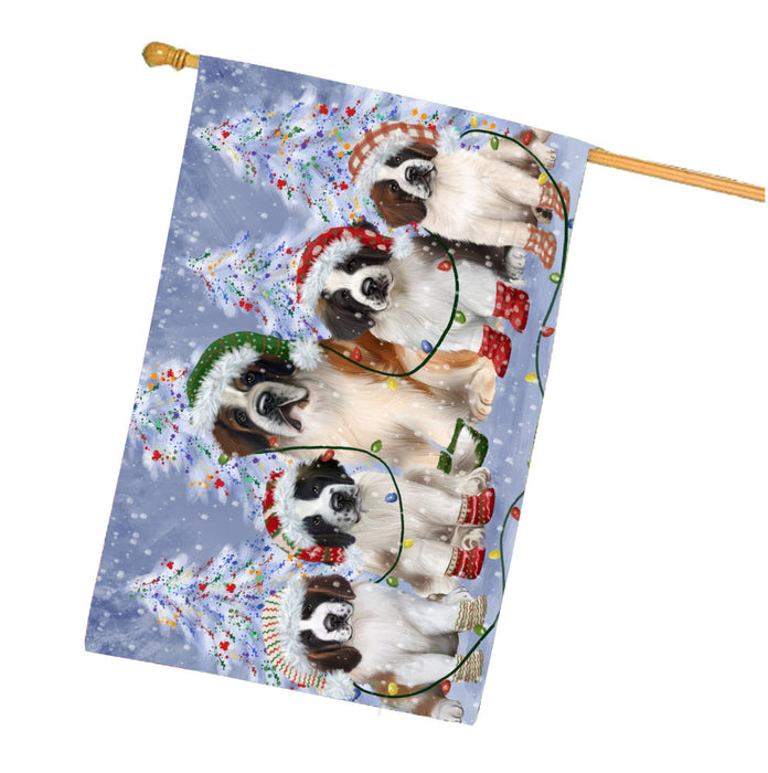 Christmas Lights and Saint Bernard Dogs House Flag Outdoor Decorative Double Sided Pet Portrait Weather Resistant Premium Quality Animal Printed Home Decorative Flags 100% Polyester