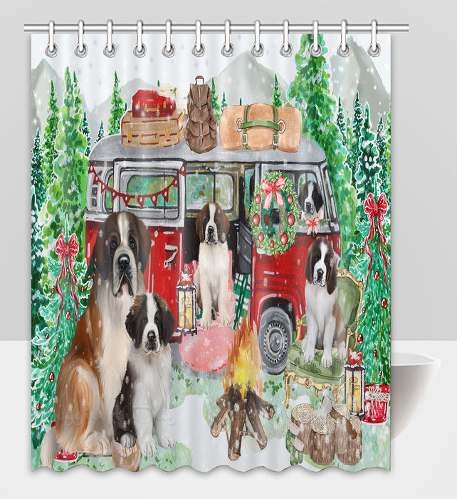 Christmas Time Camping with Saint Bernard Dogs Shower Curtain Pet Painting Bathtub Curtain Waterproof Polyester One-Side Printing Decor Bath Tub Curtain for Bathroom with Hooks