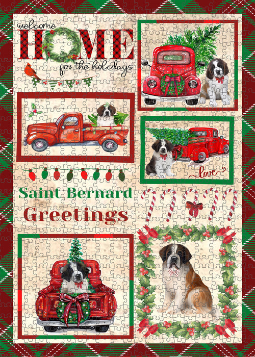 Welcome Home for Christmas Holidays Saint Bernard Dogs Portrait Jigsaw Puzzle for Adults Animal Interlocking Puzzle Game Unique Gift for Dog Lover's with Metal Tin Box