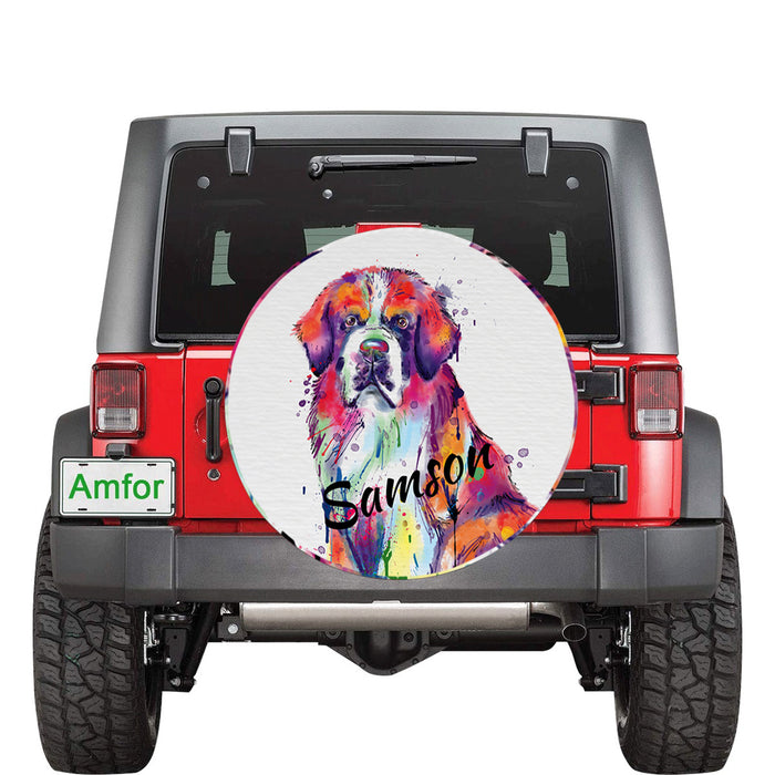 Custom Pet Name Personalized Watercolor Saint Bernard Dog Car Tire Cover