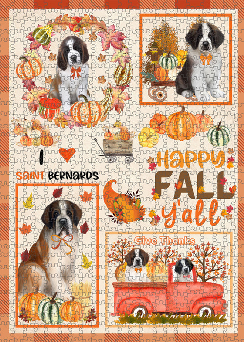 Happy Fall Y'all Pumpkin Saint Bernard Dogs Portrait Jigsaw Puzzle for Adults Animal Interlocking Puzzle Game Unique Gift for Dog Lover's with Metal Tin Box