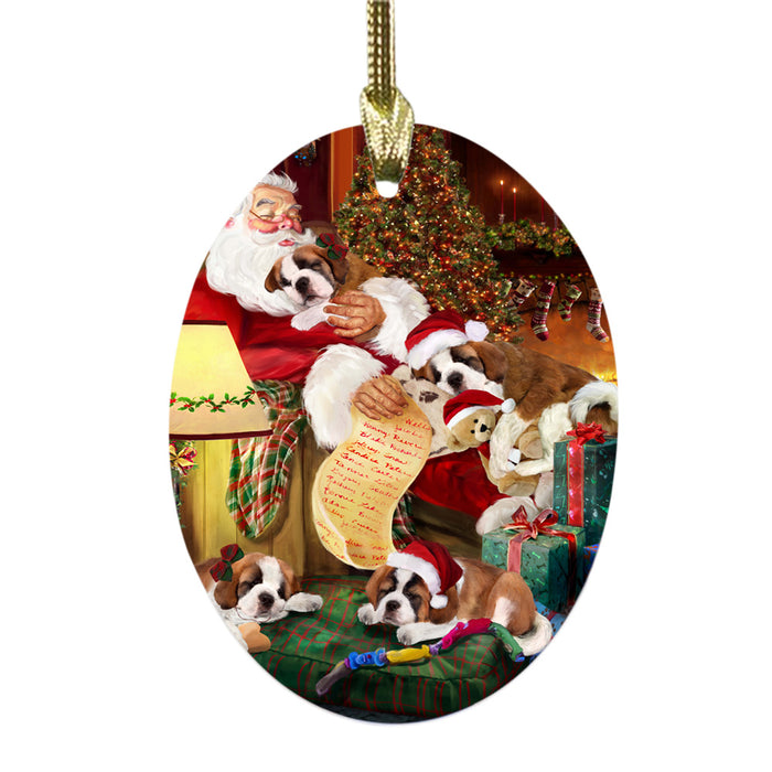 Saint Bernards Dog and Puppies Sleeping with Santa Oval Glass Christmas Ornament OGOR49312