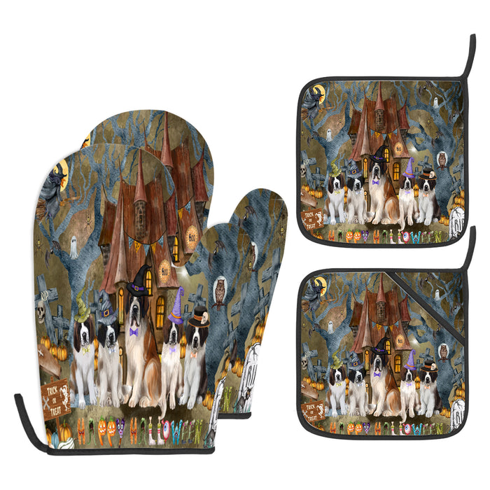 Saint Bernard Oven Mitts and Pot Holder Set: Explore a Variety of Designs, Personalized, Potholders with Kitchen Gloves for Cooking, Custom, Halloween Gifts for Dog Mom