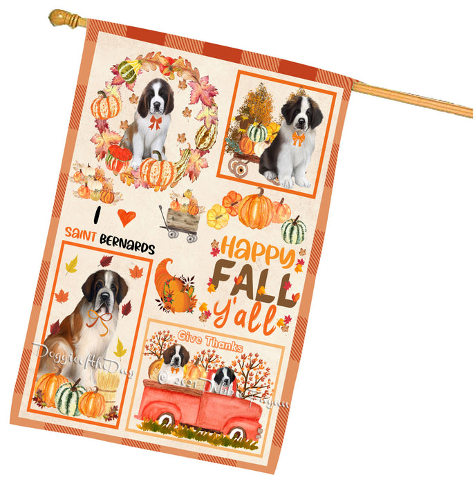 Happy Fall Y'all Pumpkin Saint Bernard Dogs House Flag Outdoor Decorative Double Sided Pet Portrait Weather Resistant Premium Quality Animal Printed Home Decorative Flags 100% Polyester
