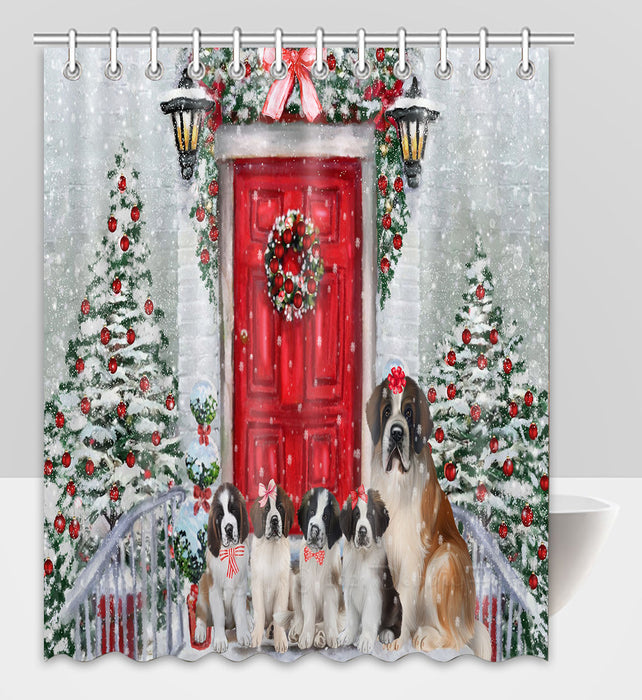 Christmas Holiday Welcome Saint Bernard Dogs Shower Curtain Pet Painting Bathtub Curtain Waterproof Polyester One-Side Printing Decor Bath Tub Curtain for Bathroom with Hooks