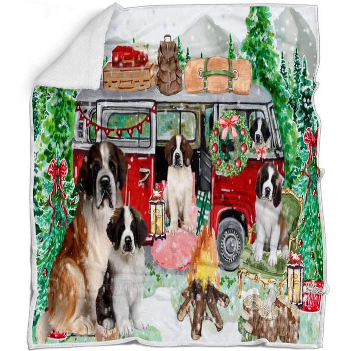 Christmas Time Camping with Saint Bernard Dogs Blanket - Lightweight Soft Cozy and Durable Bed Blanket - Animal Theme Fuzzy Blanket for Sofa Couch