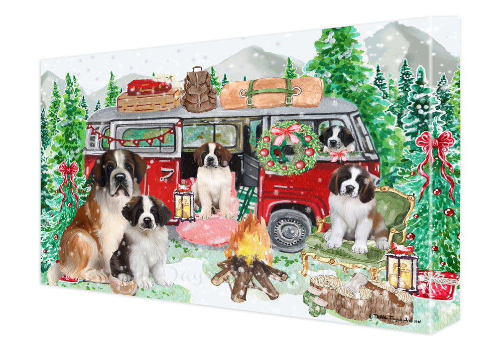 Christmas Time Camping with Saint Bernard Dogs Canvas Wall Art - Premium Quality Ready to Hang Room Decor Wall Art Canvas - Unique Animal Printed Digital Painting for Decoration
