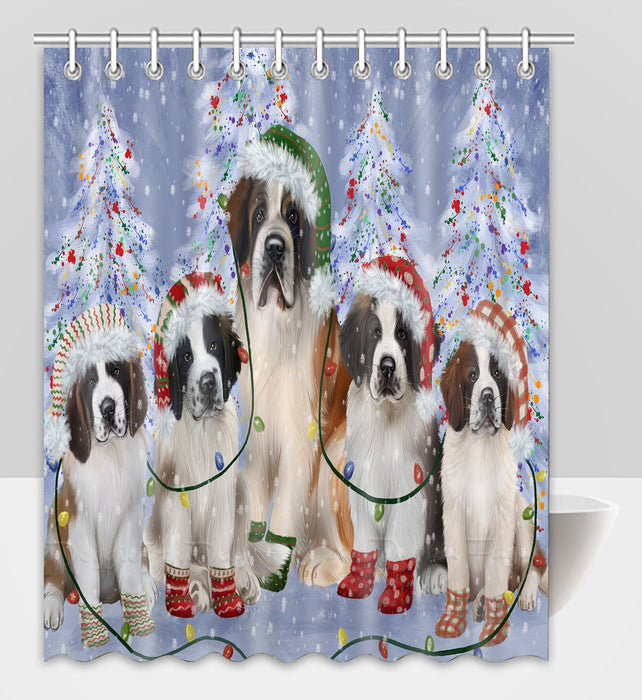 Christmas Lights and Saint Bernard Dogs Shower Curtain Pet Painting Bathtub Curtain Waterproof Polyester One-Side Printing Decor Bath Tub Curtain for Bathroom with Hooks