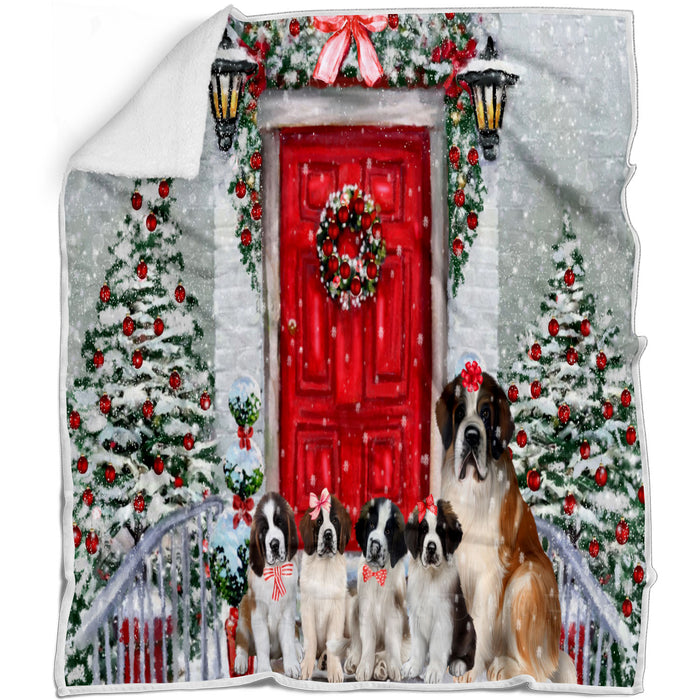 Christmas Holiday Welcome Saint Bernard Dogs Blanket - Lightweight Soft Cozy and Durable Bed Blanket - Animal Theme Fuzzy Blanket for Sofa Couch