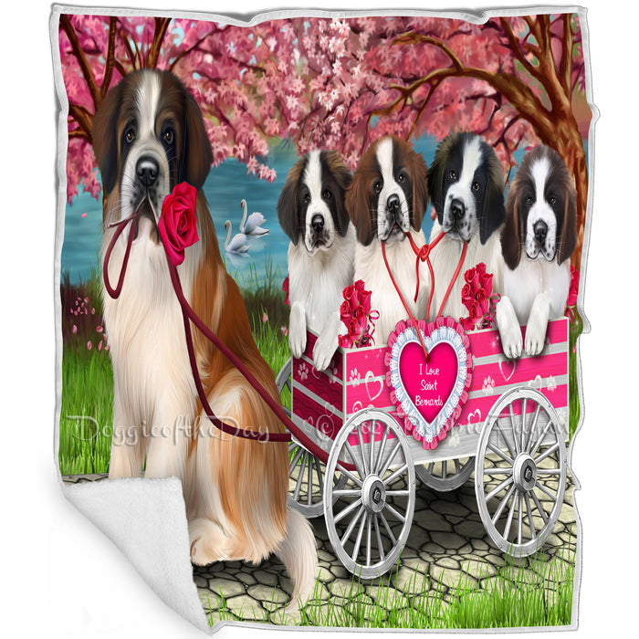 I Love Saint Bernard Dogs in a Cart Art Portrait Print Woven Throw Sherpa Plush Fleece Blanket D071