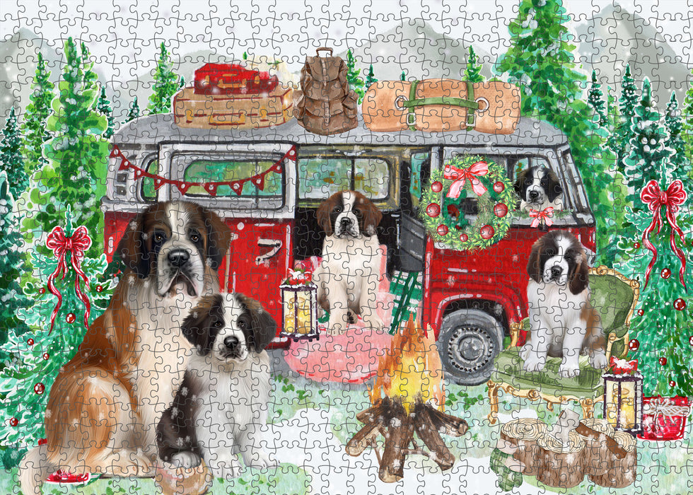 Christmas Time Camping with Saint Bernard Dogs Portrait Jigsaw Puzzle for Adults Animal Interlocking Puzzle Game Unique Gift for Dog Lover's with Metal Tin Box