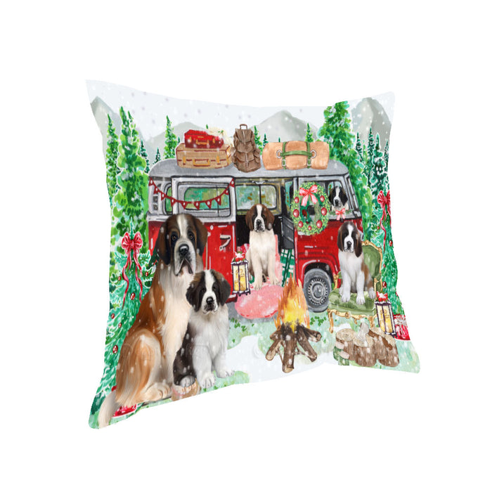 Christmas Time Camping with Saint Bernard Dogs Pillow with Top Quality High-Resolution Images - Ultra Soft Pet Pillows for Sleeping - Reversible & Comfort - Ideal Gift for Dog Lover - Cushion for Sofa Couch Bed - 100% Polyester