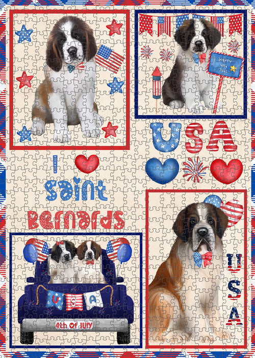 4th of July Independence Day I Love USA Saint Bernard Dogs Portrait Jigsaw Puzzle for Adults Animal Interlocking Puzzle Game Unique Gift for Dog Lover's with Metal Tin Box