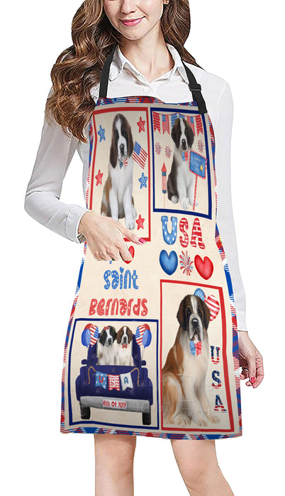 4th of July Independence Day I Love USA Saint Bernard Dogs Apron - Adjustable Long Neck Bib for Adults - Waterproof Polyester Fabric With 2 Pockets - Chef Apron for Cooking, Dish Washing, Gardening, and Pet Grooming