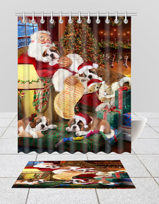 Santa Sleeping with Saint Bernard Dogs  Bath Mat and Shower Curtain Combo