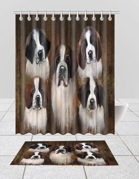Rustic Saint Bernard Dogs  Bath Mat and Shower Curtain Combo