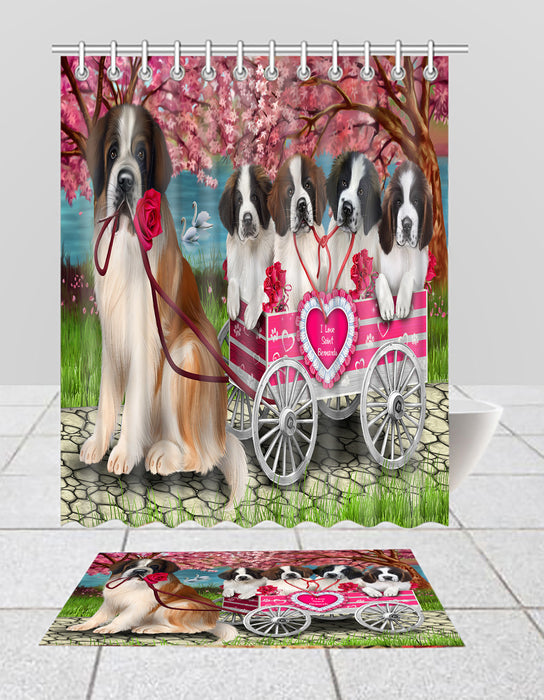 I Love Saint Bernard Dogs in a Cart Bath Mat and Shower Curtain Combo