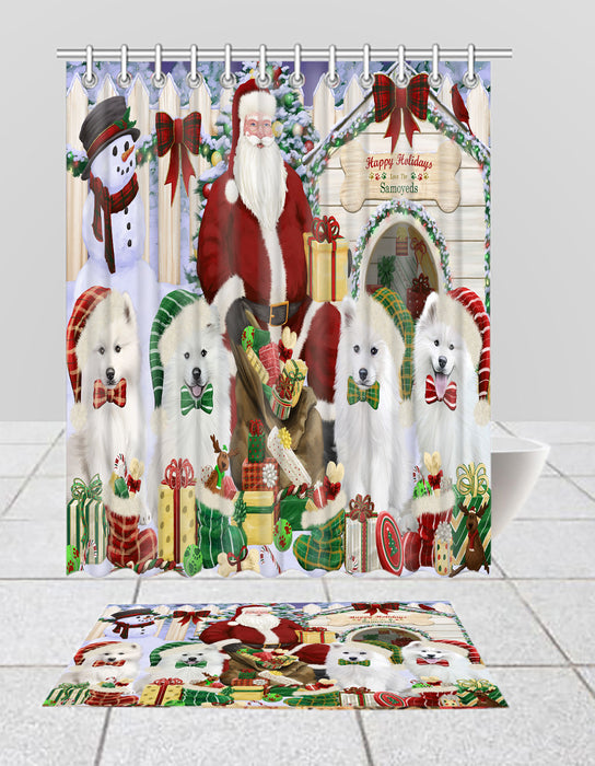 Happy Holidays Christmas Samoyed Dogs House Gathering Bath Mat and Shower Curtain Combo