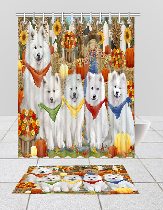 Fall Festive Harvest Time Gathering Samoyed Dogs Bath Mat and Shower Curtain Combo