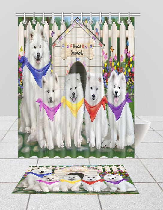 Spring Dog House Samoyed Dogs Bath Mat and Shower Curtain Combo