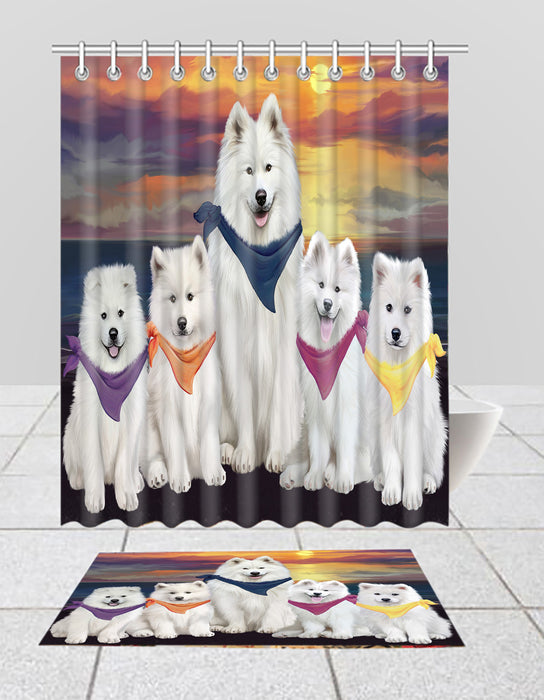 Family Sunset Portrait Samoyed Dogs Bath Mat and Shower Curtain Combo